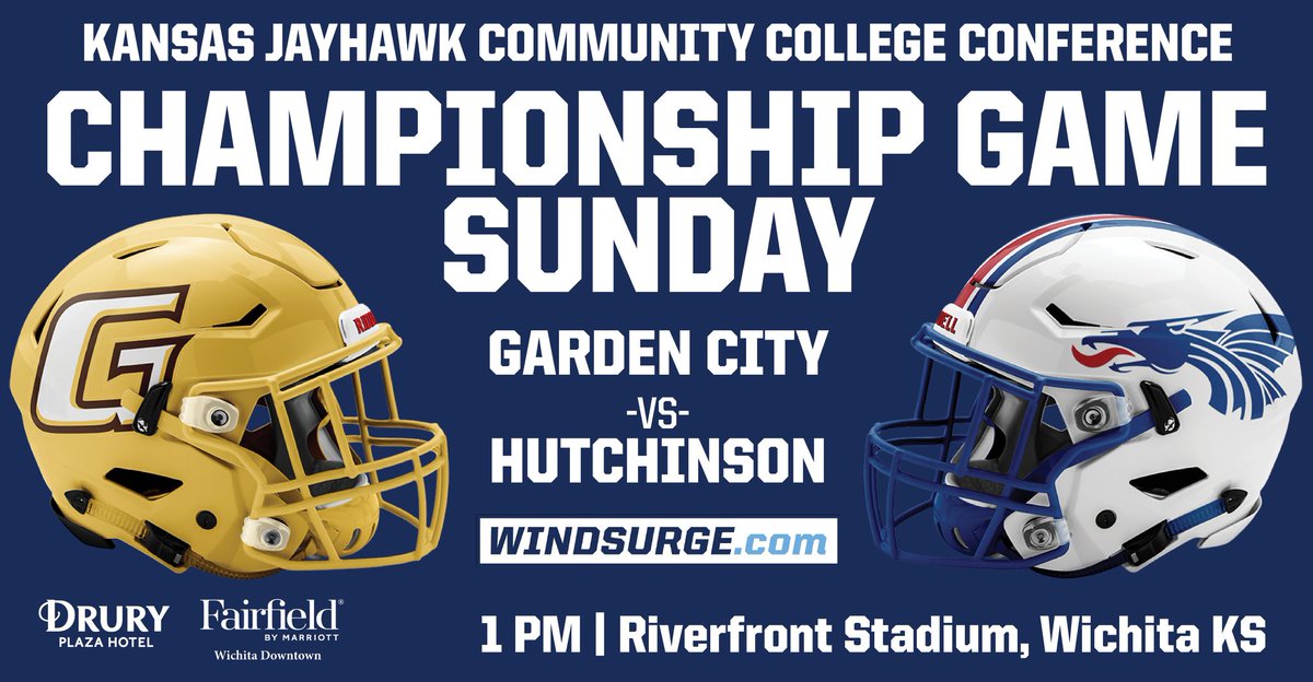 JUCOFFrenzy's tweet photo. It's been a great season, and it's finally come down to this! Garden City and Hutchinson will be battling it out this Sunday at Riverfront Stadium in the KJCCC Championship game! 🏈 🏆

🎟️ If you haven't snagged your tickets yet, get them now! https://t.co/8B1ApZsMzD https://t.co/pFvunpyEua