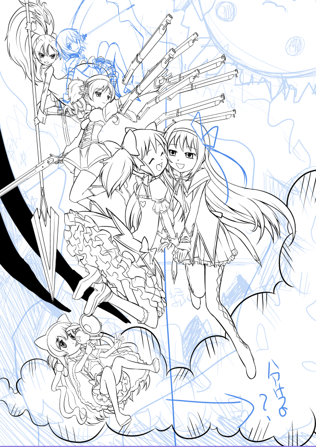 #このタグを見た人はラフ画とその完成絵を見せる 
これまったくウケなかったまどまぎ絵ですが、一番見て欲しいのは劇団イヌカレーっぽさを最大限に表現できたと思う下部の背景なんスよ・・・ 