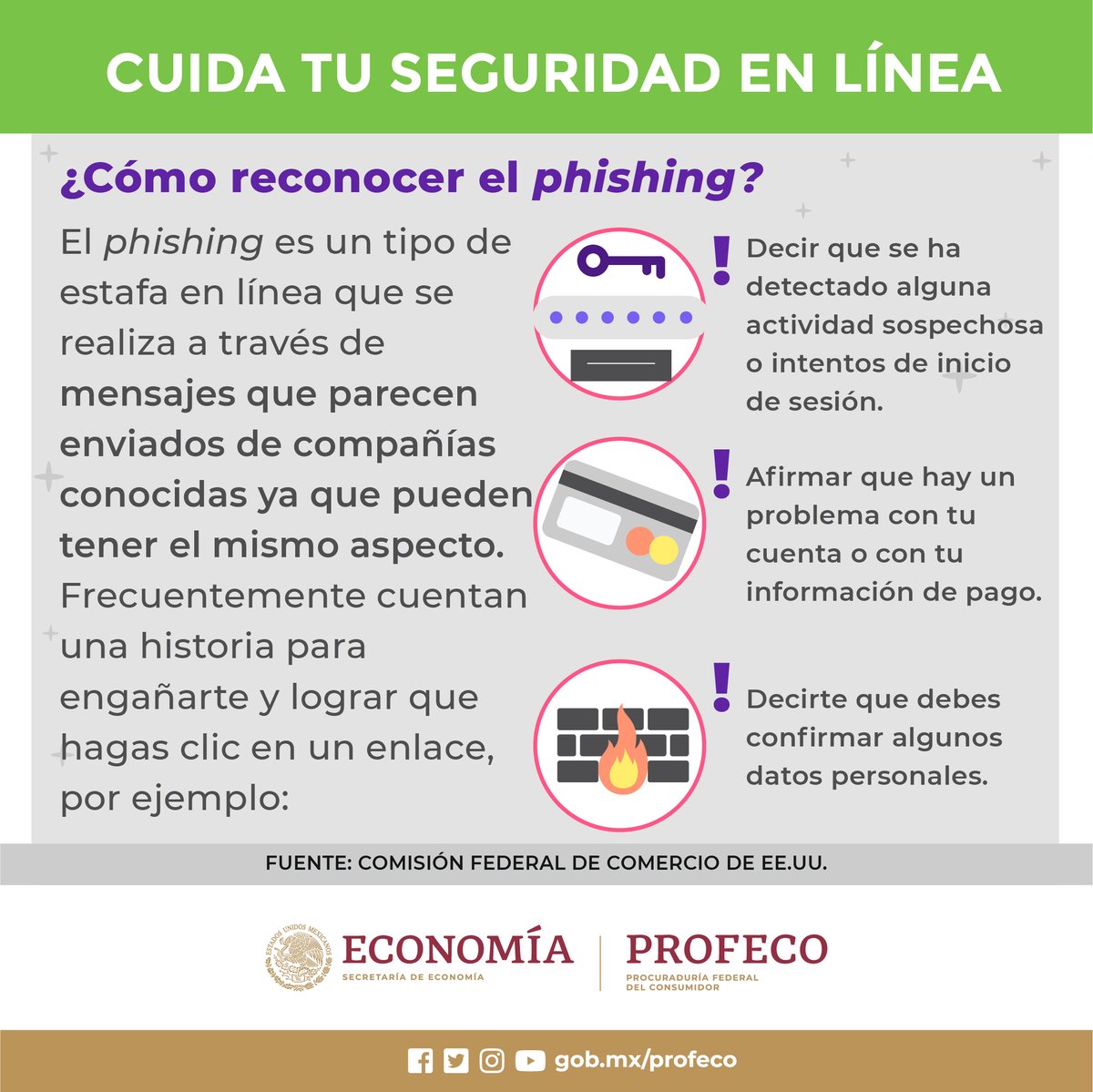 Profeco's tweet photo. ⚠️ ¡Cuidado, no caigas!

El Phishing es una técnica de ciberdelincuencia muy común. 🖥️

❌Recuerda no revelar información personal confidencial. 💳👤

¡Antes de dar clic, infórmate! https://t.co/R8H4iQReHH