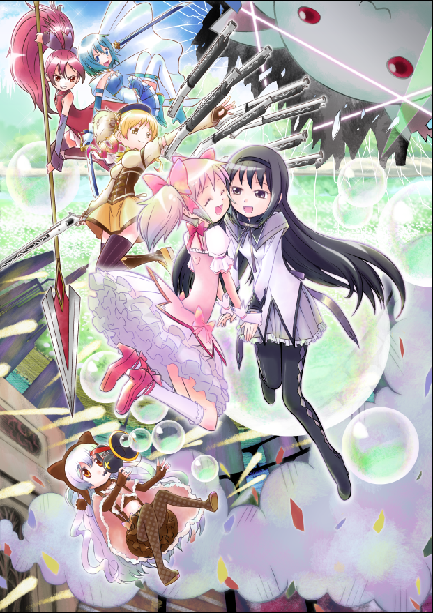 #このタグを見た人はラフ画とその完成絵を見せる 
これまったくウケなかったまどまぎ絵ですが、一番見て欲しいのは劇団イヌカレーっぽさを最大限に表現できたと思う下部の背景なんスよ・・・ 