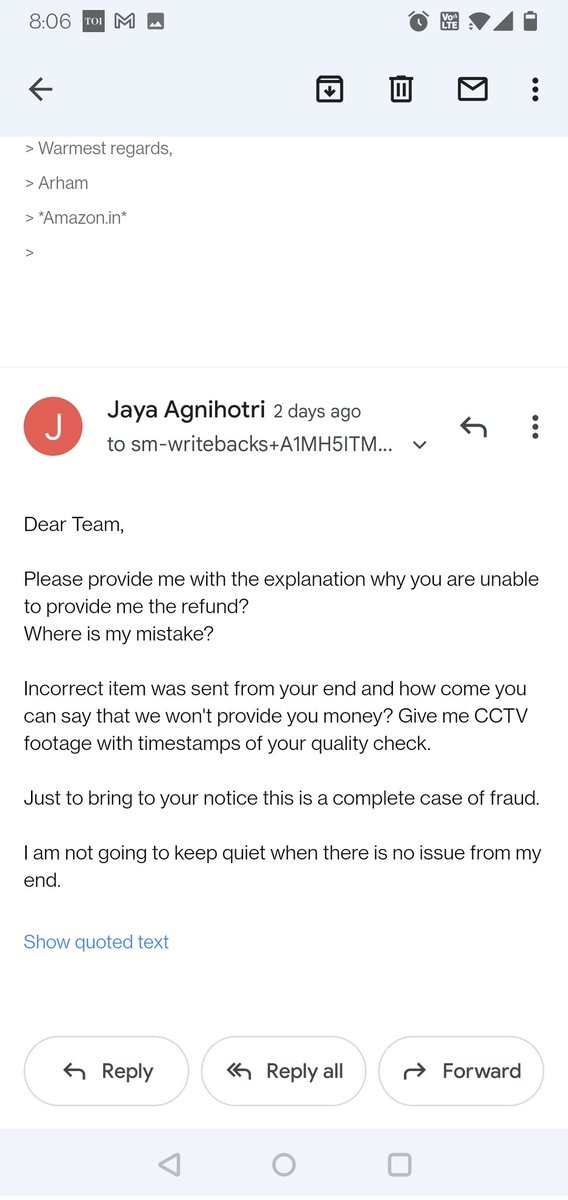 jayasimmi's tweet photo. See the autocratic reply of #AmazonIndia #Amazon where they are harrassing customer with no explanation.Where are #ConsumerRights to speak. Now this is not only about refund but it's about the mental trauma and violating right of consumer.Product and money both wid dem n harassme https://t.co/gdemurTylL