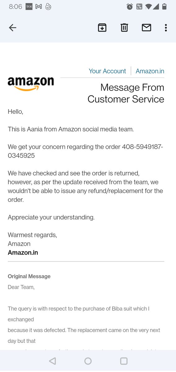 jayasimmi's tweet photo. See the autocratic reply of #AmazonIndia #Amazon where they are harrassing customer with no explanation.Where are #ConsumerRights to speak. Now this is not only about refund but it's about the mental trauma and violating right of consumer.Product and money both wid dem n harassme https://t.co/gdemurTylL