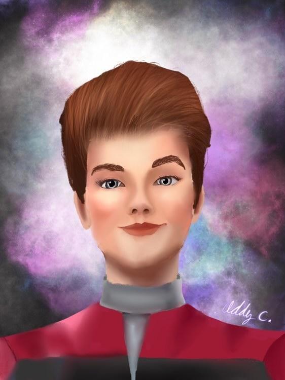 Manalyzer131's tweet photo. My 12 yo daughter is loving #startrekprodigy We watch it as a family every week. She wanted to make some fanart and of course her first is Janeway. 
She asked if Id share with my #trekfamily so here yall go. 
Who else is obsessed with Prodigy? https://t.co/7Ny0kerIvB