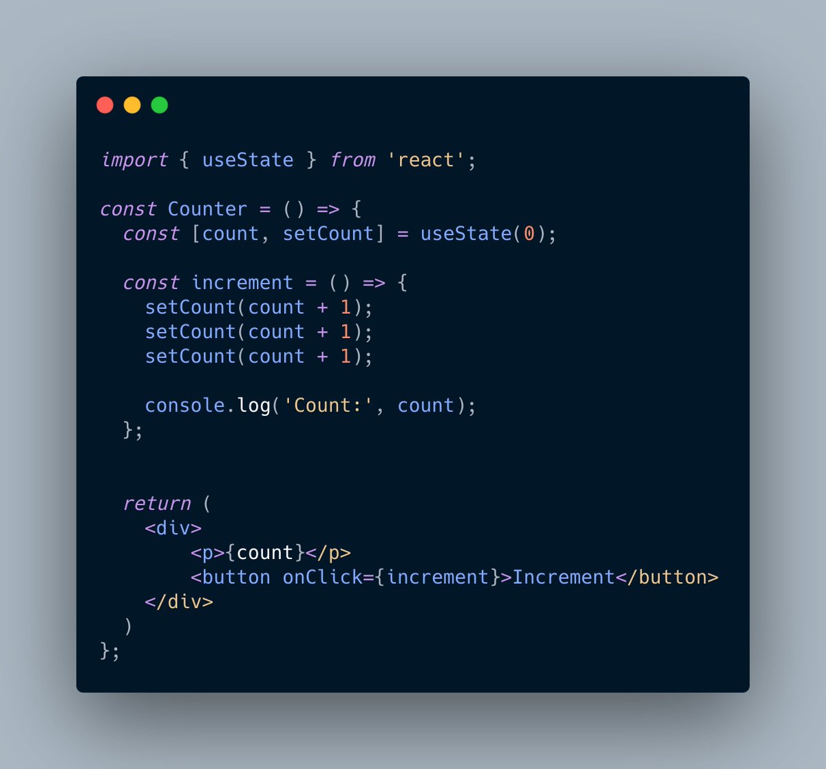 #React  quiz:

What value of the count will be logged into console after pressing the increment button?