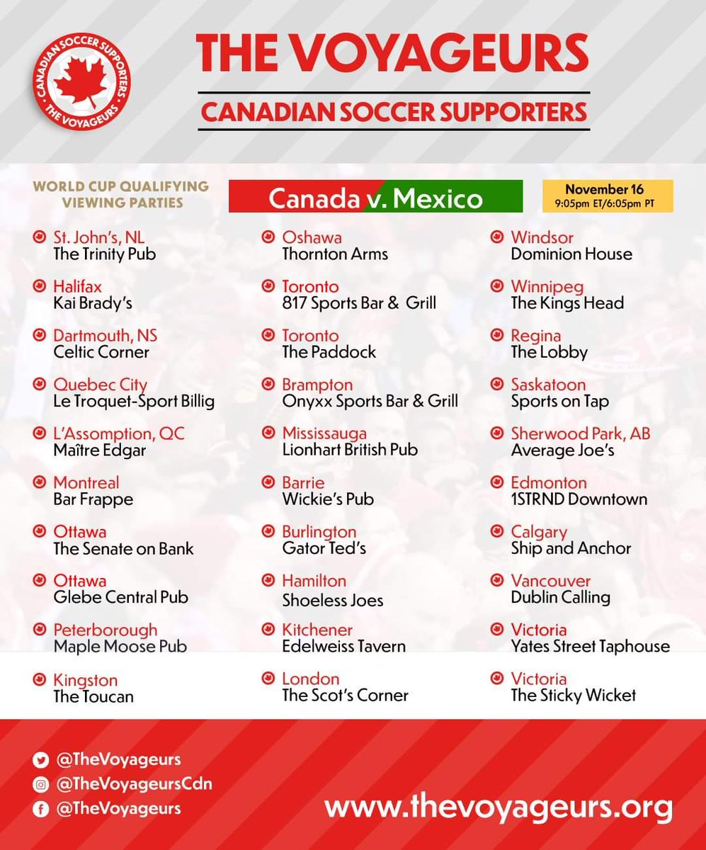 BytownBoys's tweet photo. Fellow Canadians, looking for #ViewingParties . Here's a list of places showing the game. #canmex 🇨🇦 🇲🇽 #SupportLocalFootball #AllezLesRouges #CanadaRed #ForCanada @thevoyageurs https://t.co/KoQc6MYyUT