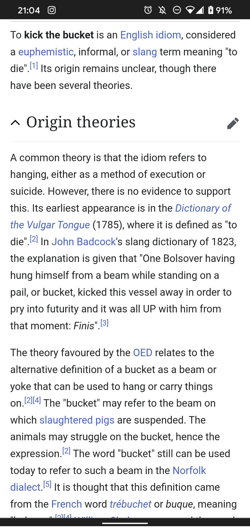 The saying 'Kick the bucket' - meaning and origin.