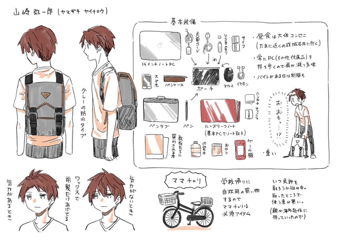 山崎設定画と持ち物  #起点駅組 