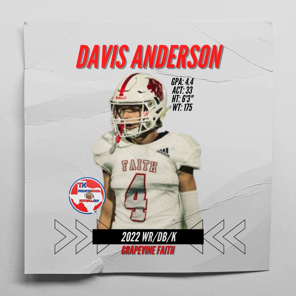 🔦2022 TXPSFB Recruit Spotlight 🔦

ATH Davis Anderson - <a href="/DavisAnderson24/">Davis Anderson</a> 

<a href="/GoFaithLions/">Faith Athletics</a> 

#RecruitTXPSFB 

A super athletic player with a great frame to add some mass. An automatic GPA booster as well with stellar grades!

Offers: @HPUFootball 

hudl.com/profile/115229…