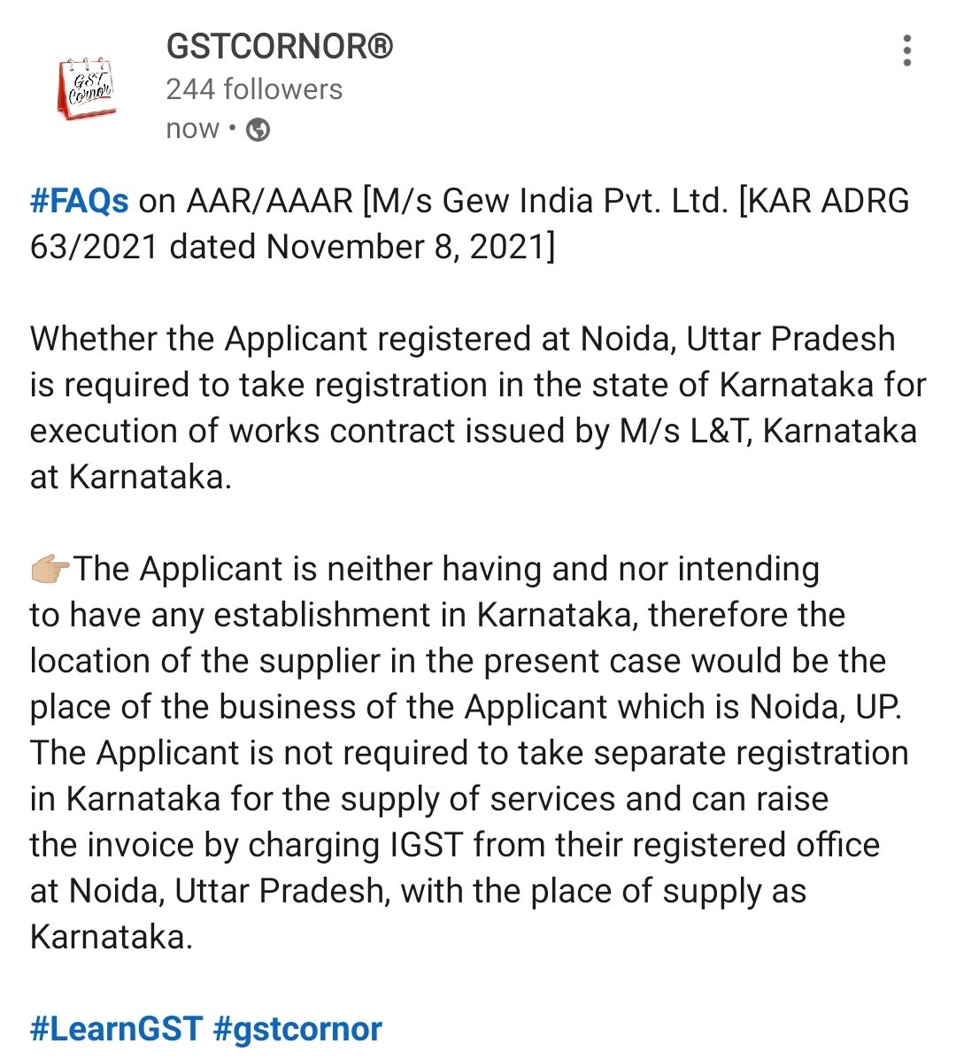 gstcornor's tweet photo. Whether the Applicant registered at Noida, Uttar Pradesh is required to take registration in the state of Karnataka for execution of works contract issued by M/s L&T, Karnataka at Karnataka.
#GST #Tax #WorksContractService #Property #Gstcornor https://t.co/CEIqap0NhA