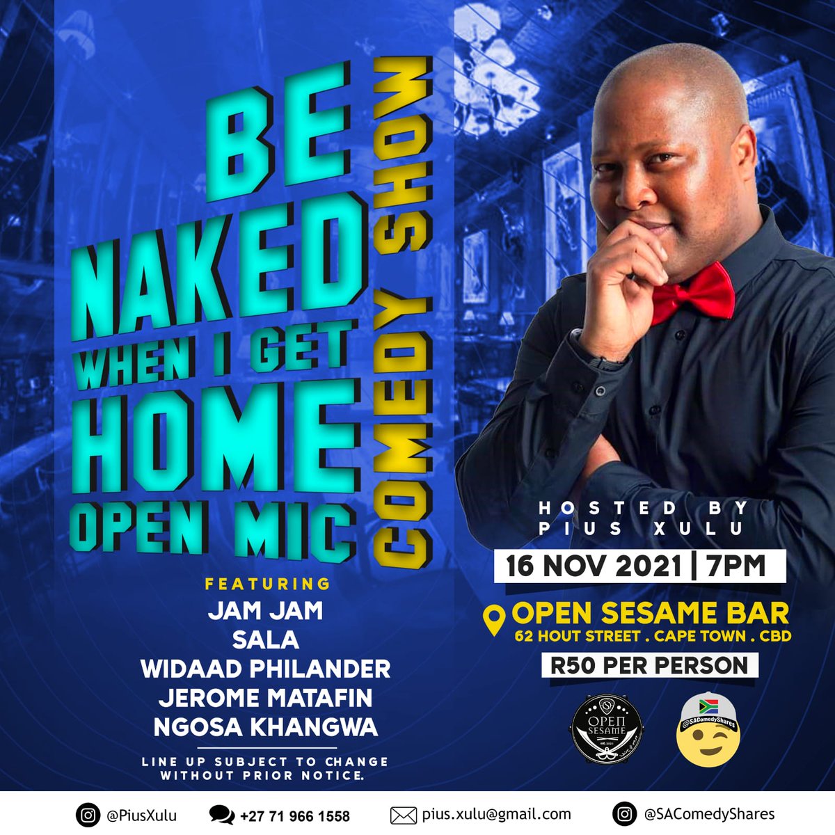 PiusXulu's tweet photo. #NewProfilePic 
See you later tonight at #OpenSesameBar. Join in if you also want to try out stand up comedy. The open mic stage is for you. #StandUpComedy #OnelinerComedian @SAComedyShares https://t.co/zo2NoNxtj7