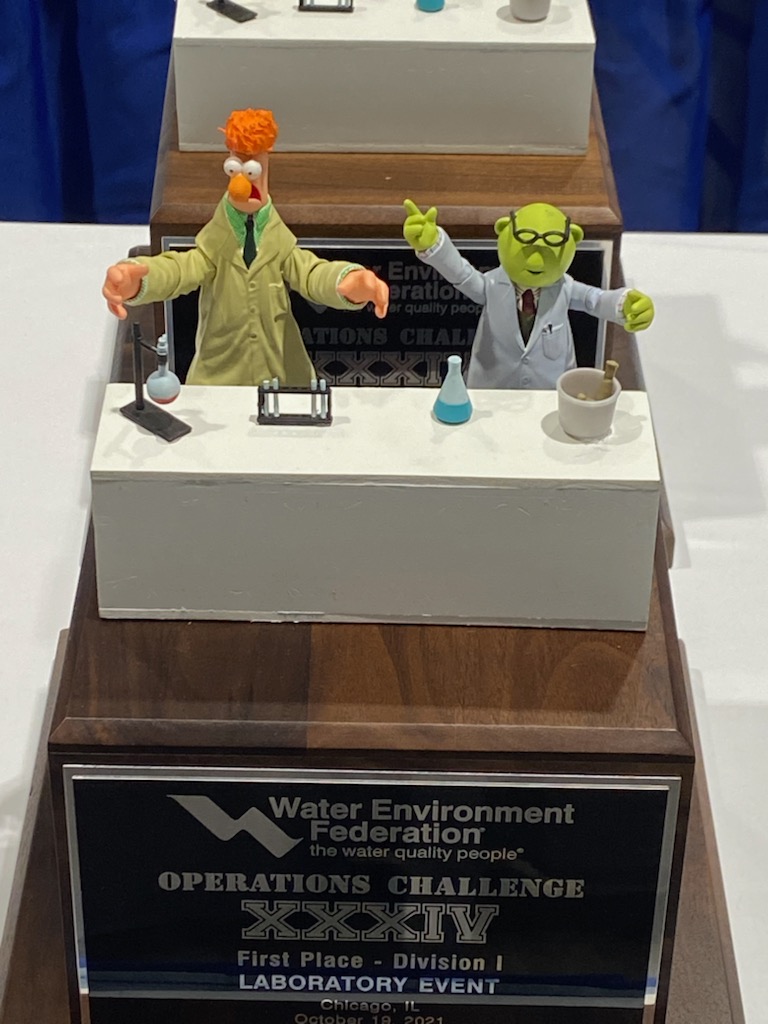 kkupiecki's tweet image. This trophy is from the operations challenge at a conference in Chicago #weftec2021 its was for the operations challenge but caught my eye as I am a science geek and HUGE fan of beaker.