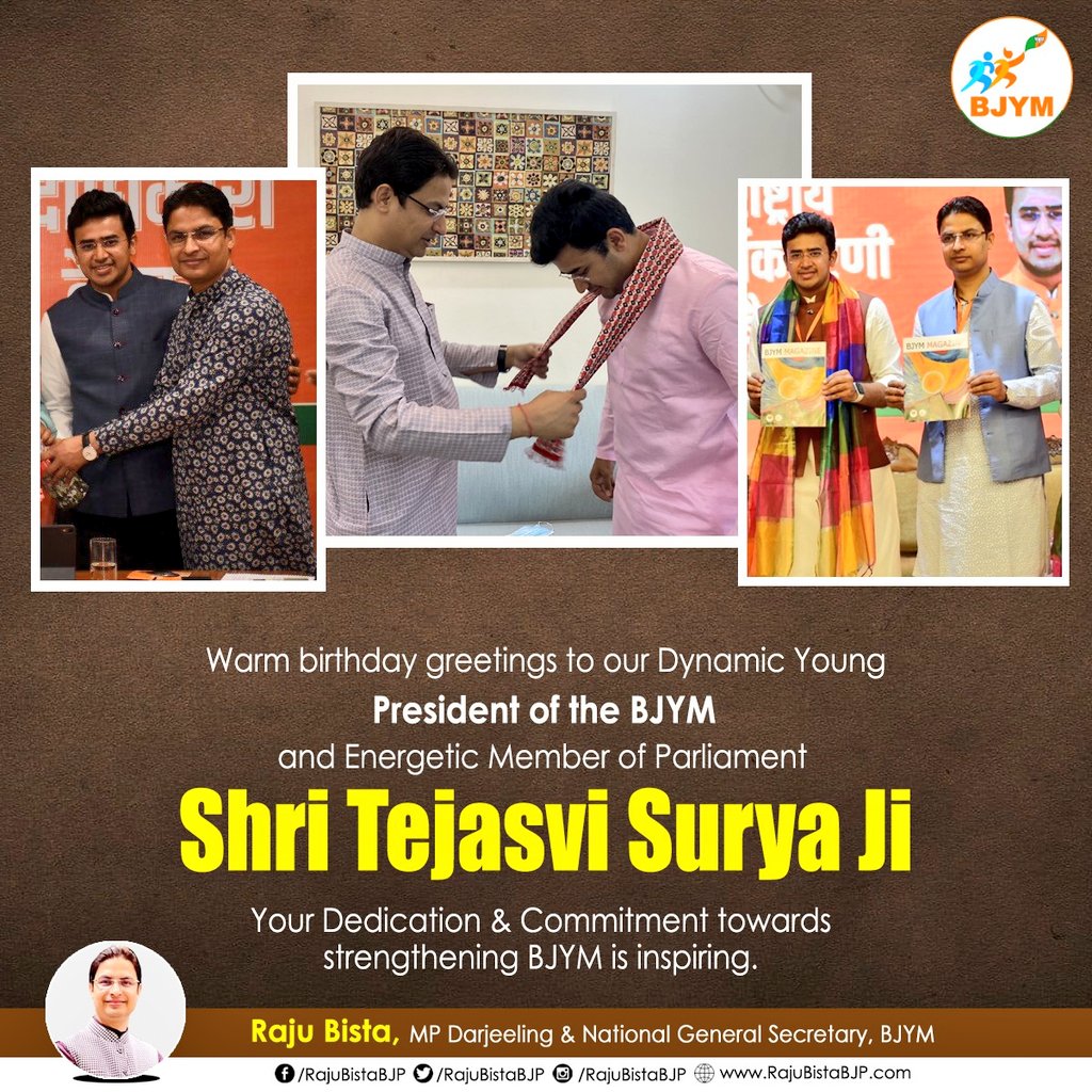 RajuBistaBJP's tweet photo. I join the youths of our nation in wishing Hon'@BJYM President and my friend and colleague in the Parliament @Tejasvi_Surya a very Happy Birthday.

#HBDTejasviSurya https://t.co/iUXmuTMKdP