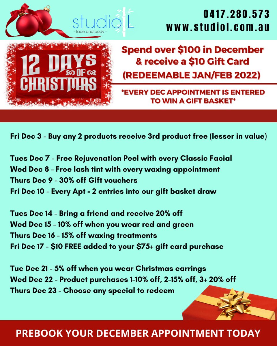 StudioLfaceandb's tweet photo. PREBOOK YOUR DECEMBER APPOINTMENT TODAY
12 Days of Christmas Daily Deals! 
Spend over $100 in December and receive a $10 gift card (redeemable Jan/Feb 2022)
Every Dec appointment is entered to win a gift basket. 🎁 - https://t.co/VOqC4LSIIL https://t.co/jz4vJ3DIm6
