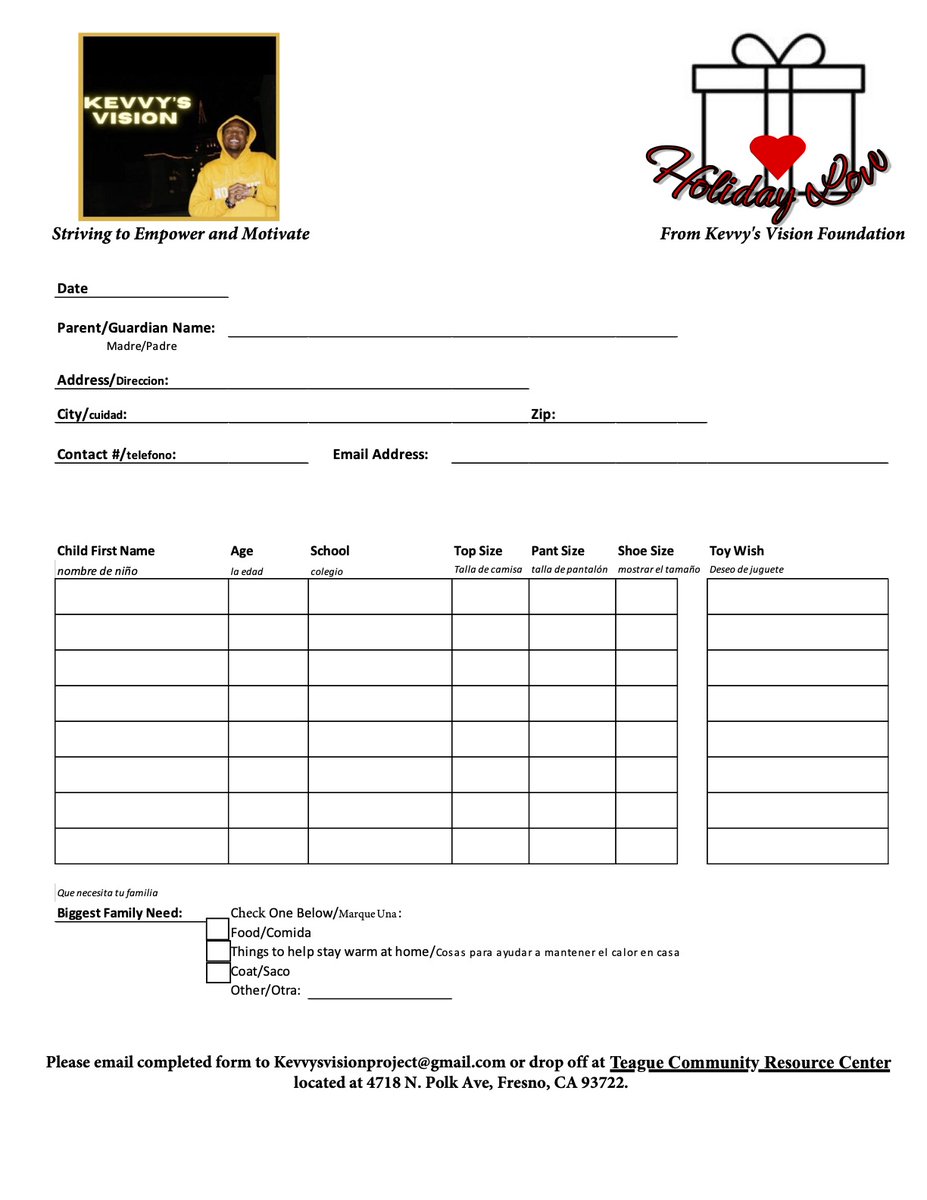 Kevvysvision's tweet photo. Ways to submit information:

To submit your family please fill out the form below and either drop it off Highway City Community Development OR email kevvysvisionproject@gmail.com

Pick up a form at Highway City Community Development and drop it off in submission box. @NBAxJay1 https://t.co/v4CMuj8vhD