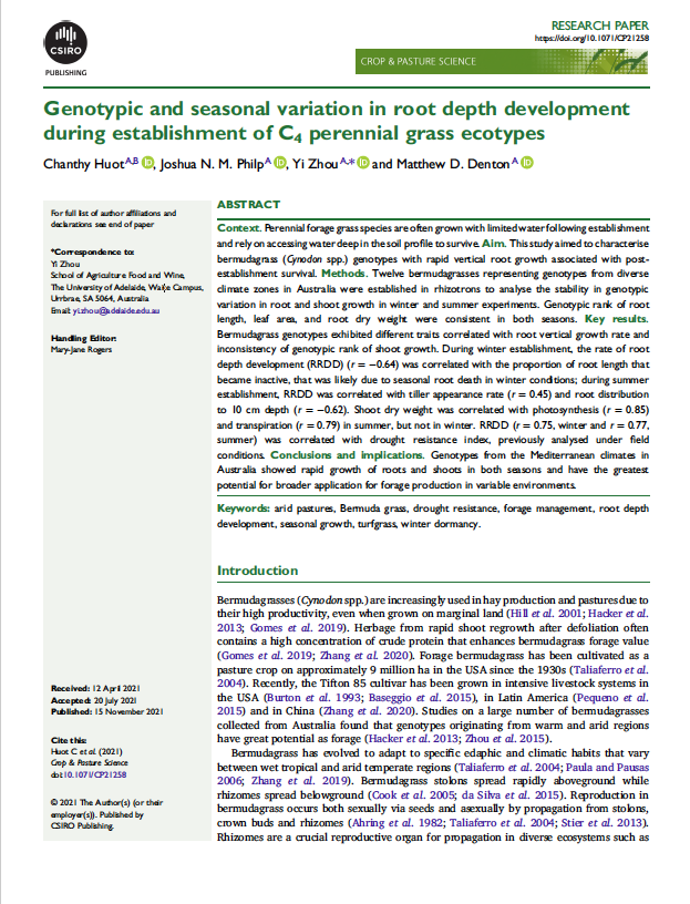 DentonLab's tweet photo. 🌟NEW PAPER reveals the genotypic & seasonal variation in root depth development during the establishment of C4 perennial grass ecotypes, by @huot_chanthy Josh Philp @YiZhou1984 @_mattdenton_
Learn more 👉 https://t.co/UH3gLJ68b3
#ForageOptions
@waiteresearch @UniofAdelaide https://t.co/GMtYtkvZOI