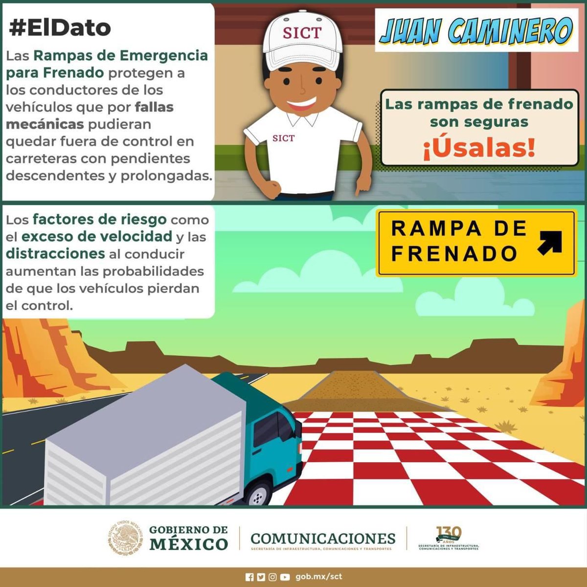 Las rampas de frenado son seguras, protegen a los conductores de los vehículos que por fallas mecánicas pudieran quedar fuera de control en carreteras con pendientes descendentes y prologadas.

La #SeguridadVial es responsabilidad de todas y todos, #ViajaSeguro. 🛣🚗@SCT_BC