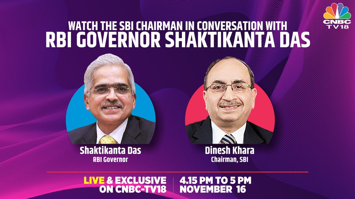 CNBCTV18News's tweet photo. Catch @RBI Governor @DasShaktikanta in conversation with #SBI Chairman Dinesh Khara at the 8th #SBIConclave on the contours of economic recovery in post COVID world

Tune in to CNBC-TV18 today at 4:15 pm

@ShereenBhan @latha_venkatesh @_ritusingh @TheOfficialSBI @CNBCTV18Live https://t.co/5IEXVZb47i