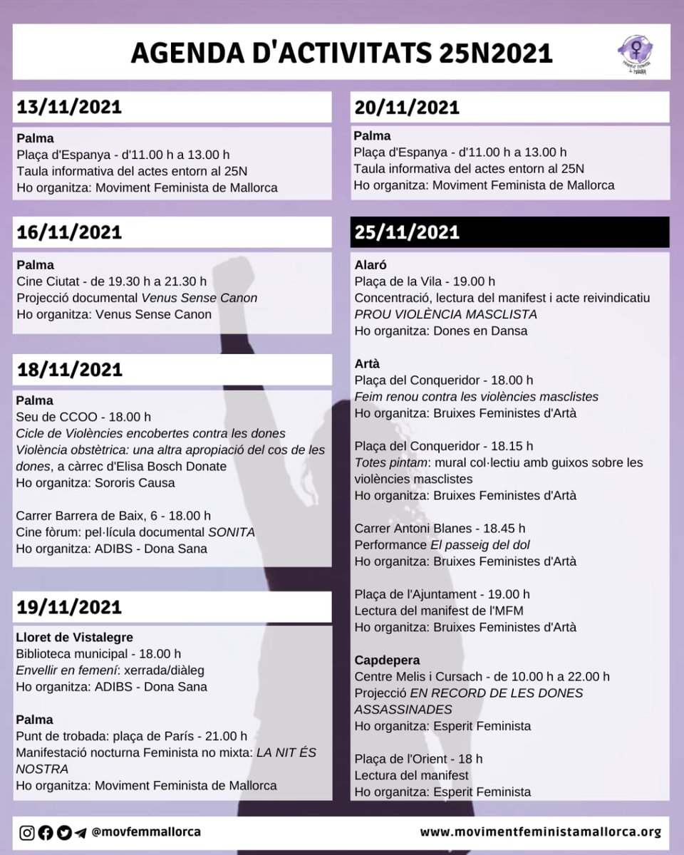 movfemmallorca's tweet photo. ❗Actualitzam l’agenda d’activitats.
Tornam al carrer i amb moltes ganes.
Només el feminisme farà trontollar el patriarcat. Ara més que mai!! 
#CapAl25N #Fartes
+Info: https://t.co/hDYLJHAFvq https://t.co/EsakvOLvbX