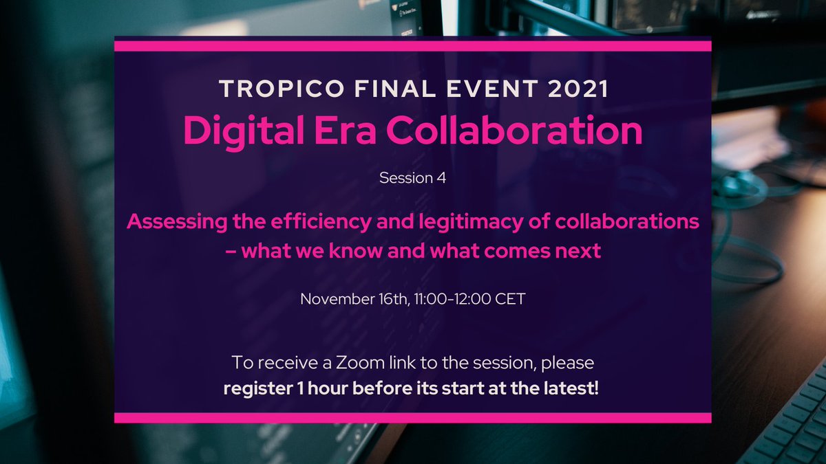 TROPICO’s new self-assessment tool for practitioners – Collaboration Monitor provides insights on collaborations’ impact on #efficiency &amp; #legitimacy and will be one of the main topics of #TROPICO2021 Session 4. 
Last-minute registration for the session: bit.ly/3wA4ySy