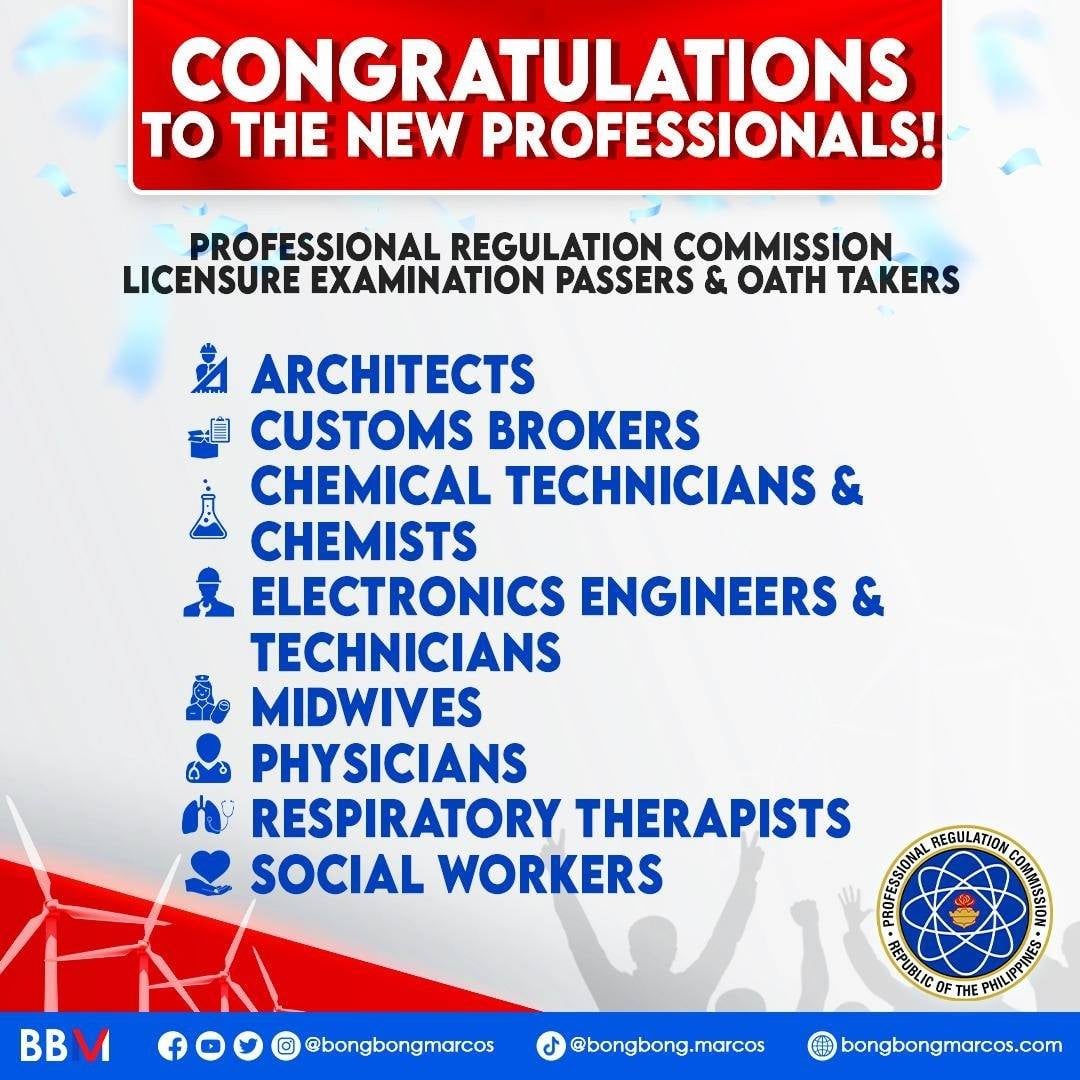 Binabati ko ang mga bagong Pilipinong propesyonal sa iba’t ibang larangan at industriya! 

Ang inyong mga serbisyo, kasanayan at kadalubhasaan ay may malaking gagampanang bahagi sa tinatahak nating landas ng isang masigla at masaganang pagbangon mula sa pandemya.

Mabuhay kayo!