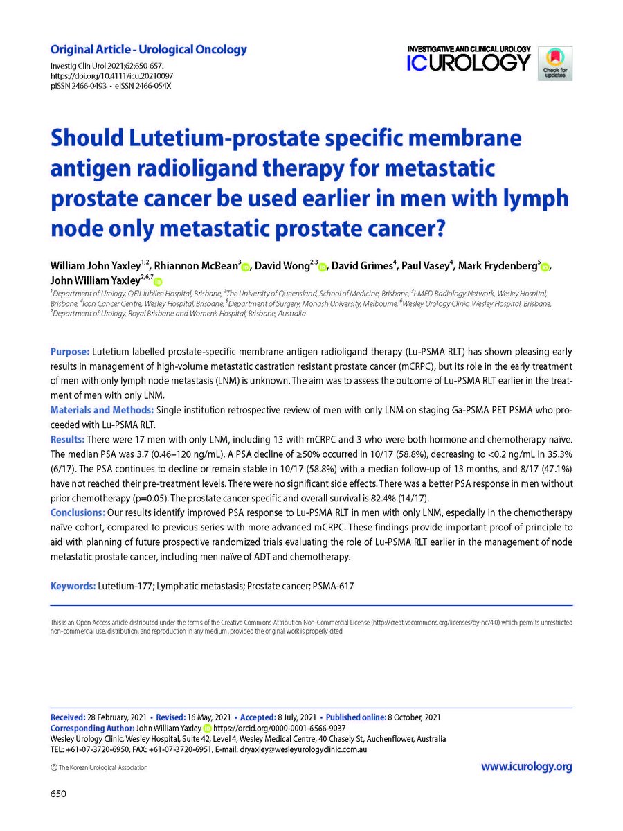 icurology's tweet photo. Open Access🔓https://t.co/DiyA8fYwKg
Our results identify improved PSA response to Lu-PSMA RLT in men with only LNM, especially in the chemotherapy naïve cohort, compared to previous series with more advanced mCRPC.
#Lutetium177 #Lymphatic_metastasis #Prostate_cancer #PSMA617 https://t.co/yoketxHxhK