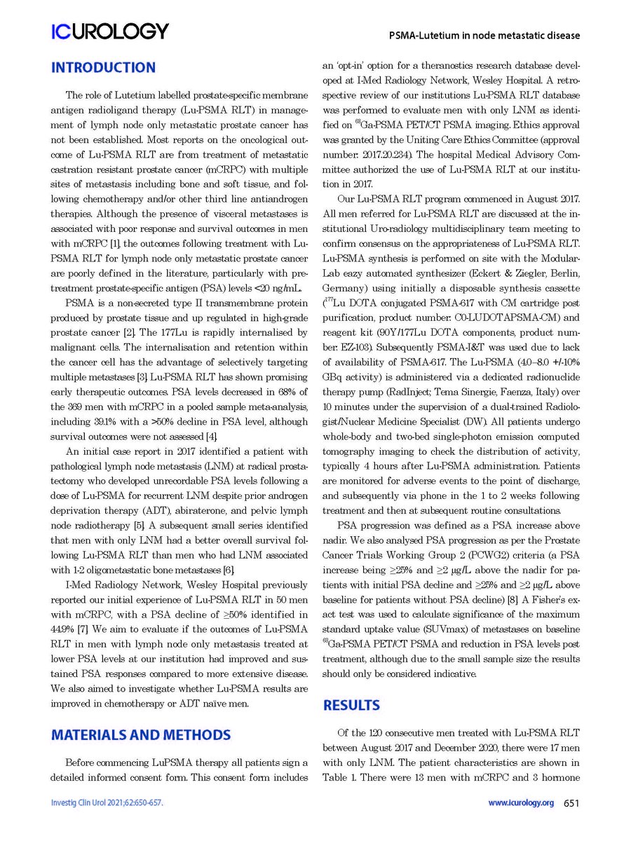 icurology's tweet photo. Open Access🔓https://t.co/DiyA8fYwKg
Our results identify improved PSA response to Lu-PSMA RLT in men with only LNM, especially in the chemotherapy naïve cohort, compared to previous series with more advanced mCRPC.
#Lutetium177 #Lymphatic_metastasis #Prostate_cancer #PSMA617 https://t.co/yoketxHxhK