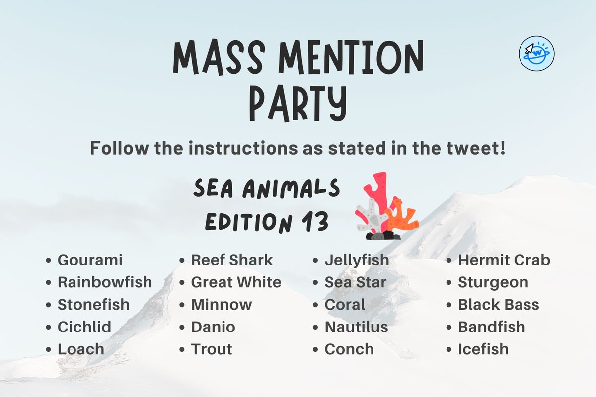 [COM]

Reply with:

<Sea Animal>
위클리 먼데이 지한 신지윤
박소은 조아 이재희 이수진
#Weeekly #위클리 @/_Weeekly

(tag Weeekly without the /)

Do as many as you can
Take a 2 min break after 4-5 replies
1 Reply = 1 Sea Animal

🎯 150 Replies, 10 RTs