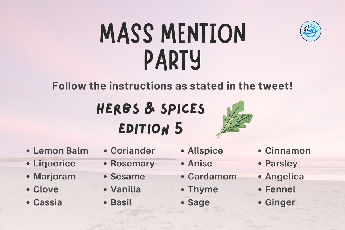 [COM]

Reply with:

<Herb/Spice>
위클리 애프터 스쿨
#Weeekly #위클리 @/_Weeekly

(tag Weeekly without the /)

Do as many as you can
Take a 2 min break after 4-5 replies
1 Reply = 1 Herb/Spice

🎯 150 Replies, 10 RTs