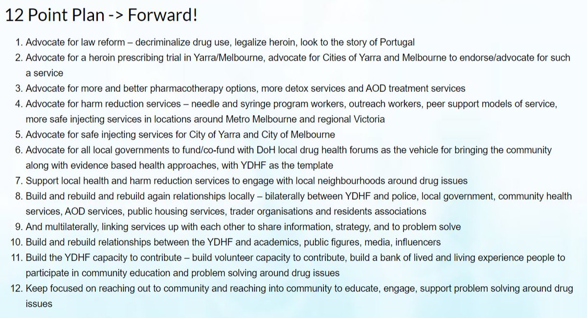 YarraDrugForum's tweet photo. Our currect Executive Officer, Bernadette Burchell will be finishing up at the end of 2021 and all of us at YDHF thank her for her work over perhaps the most difficult time for the forum.
Here's a 12-point plan from Bernadette to lead us forward
#harmreduction #safeinjecting https://t.co/GqnaqImSF5