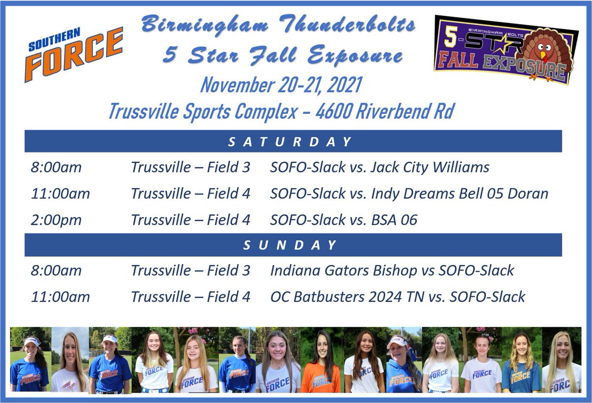 Last tournament of the fall season! Come out and see us at the @Tbolts5Star this weekend! #southernforce @IHartFastpitch @ExtraInningSB