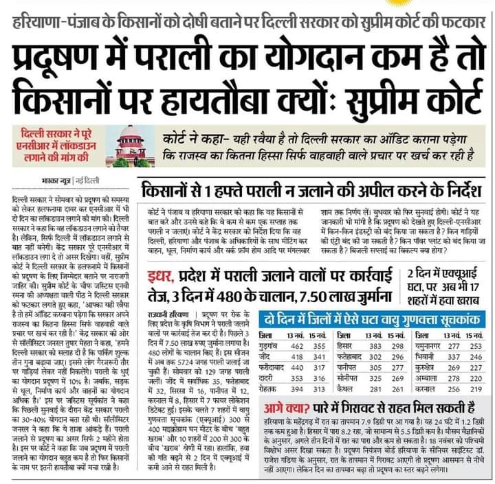 सुप्रीम कोर्ट में एक बड़े झूठ का भंडा फूट गया। दिल्ली में साल भर के कुल प्रदूषण का 4%~7% ही सिर्फ़ पराली के कारण होता है। सरकारों को प्रदूषण कम करने के लिए सिर्फ़ किसानो को दोषी साबित करने के बजाय मुख्य कारणों पर ध्यान देना होगा. #FarmersProtest #DAPshortage_ExposedGovtLies
