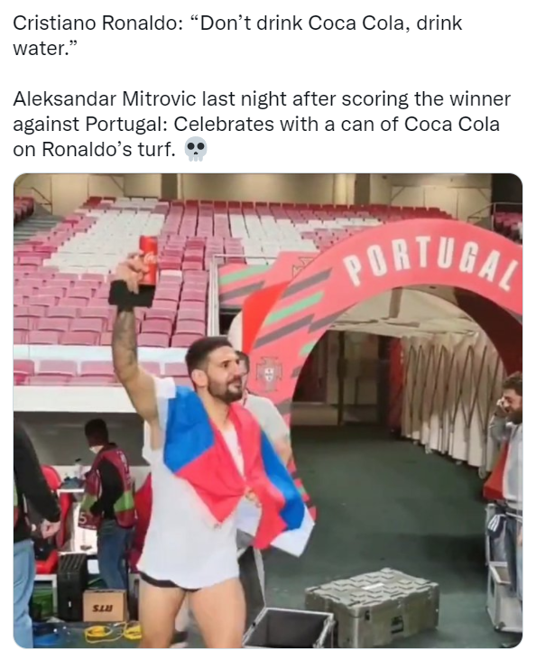 I am not one of those die-hard fans of Christiano Ronaldo but maybe this Mitrovic guy should wait 9 years when he gets to Christiano's age before raising that can of Coke.