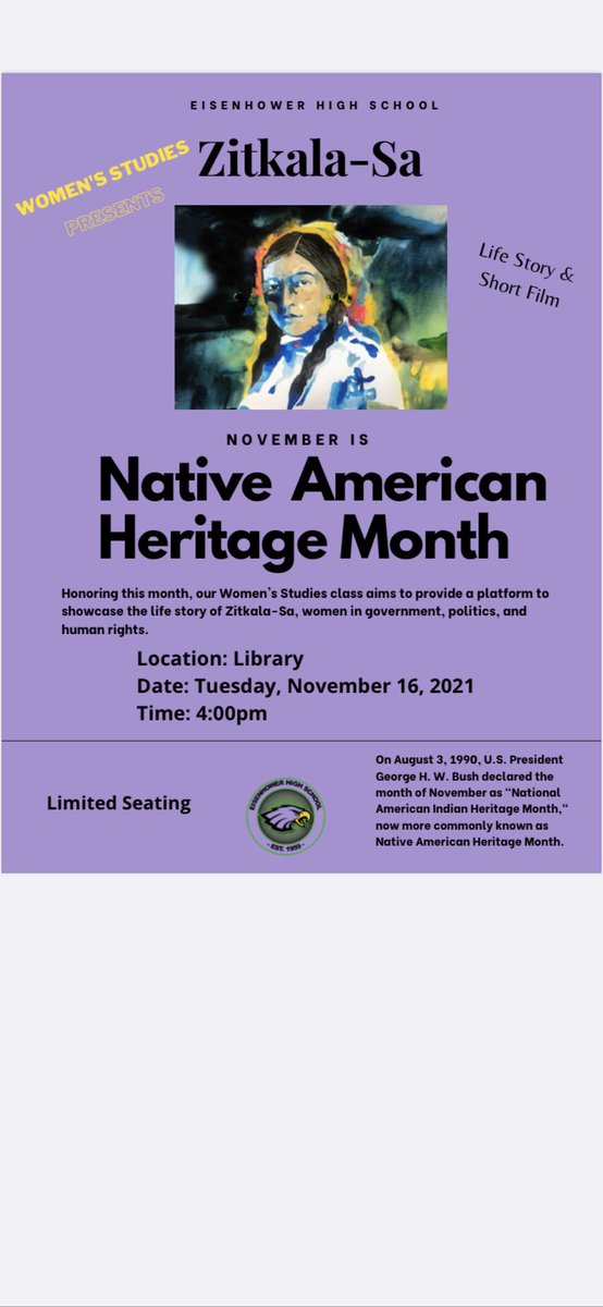 EHS Women's Studies students will be presenting and moderating the Native American Heritage Month Event tomorrow.