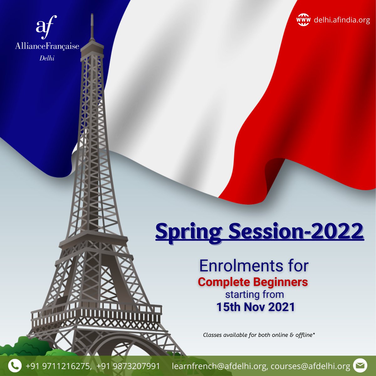 alliancefrdelhi's tweet photo. New batches for #SpringSession2022 are now open for Beginners level. Do not miss the opportunity to explore a new world of possibilities with the #French language.

Register via https://t.co/dJig8AqQN8 to book your seat today.

#LearnFrench #OfflineClasses #Delhi #FrenchNetwork https://t.co/BnUyhCWvas