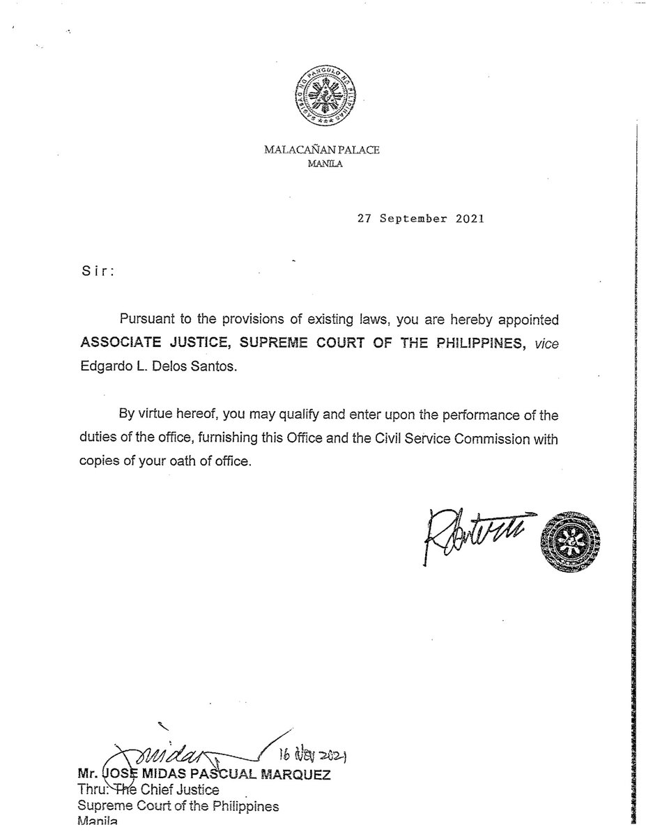 SCPh_PIO's tweet photo. NEW APPOINTMENT: Court Administrator Jose Midas P. Marquez is the 192nd Associate Justice of the Supreme Court (vice Hon. Edgardo L. Delos Santos). He will take his oath before Chief Justice Gesmundo at 3pm today. https://t.co/eNnckhxxuo