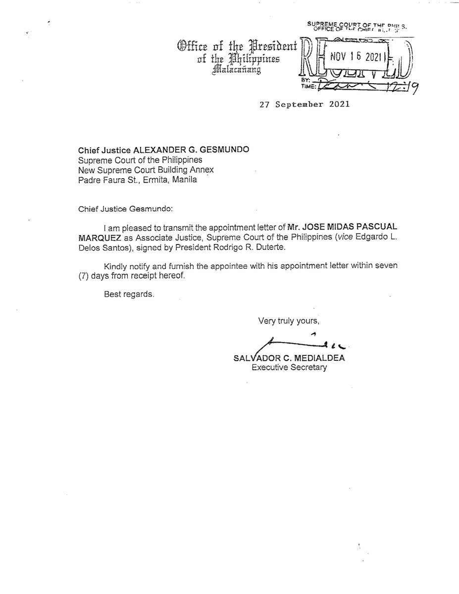 SCPh_PIO's tweet photo. NEW APPOINTMENT: Court Administrator Jose Midas P. Marquez is the 192nd Associate Justice of the Supreme Court (vice Hon. Edgardo L. Delos Santos). He will take his oath before Chief Justice Gesmundo at 3pm today. https://t.co/eNnckhxxuo