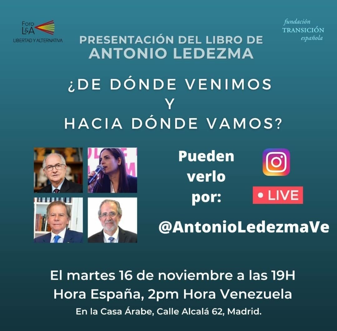 Este martes 16 de noviembre a las 7:00 p.m. hora España /  2:00 p.m. hora Venezuela no se pierdan el #IGLIVE en la cuenta @antonioledezmave con:

<a href="/alcaldeledezma/">Antonio Ledezma</a>
<a href="/TAMARA_SUJU/">Tamara Suju</a>
<a href="/Diego_Arria/">Diego E. Arria</a>
<a href="/miguelhotero/">Miguel H Otero</a>