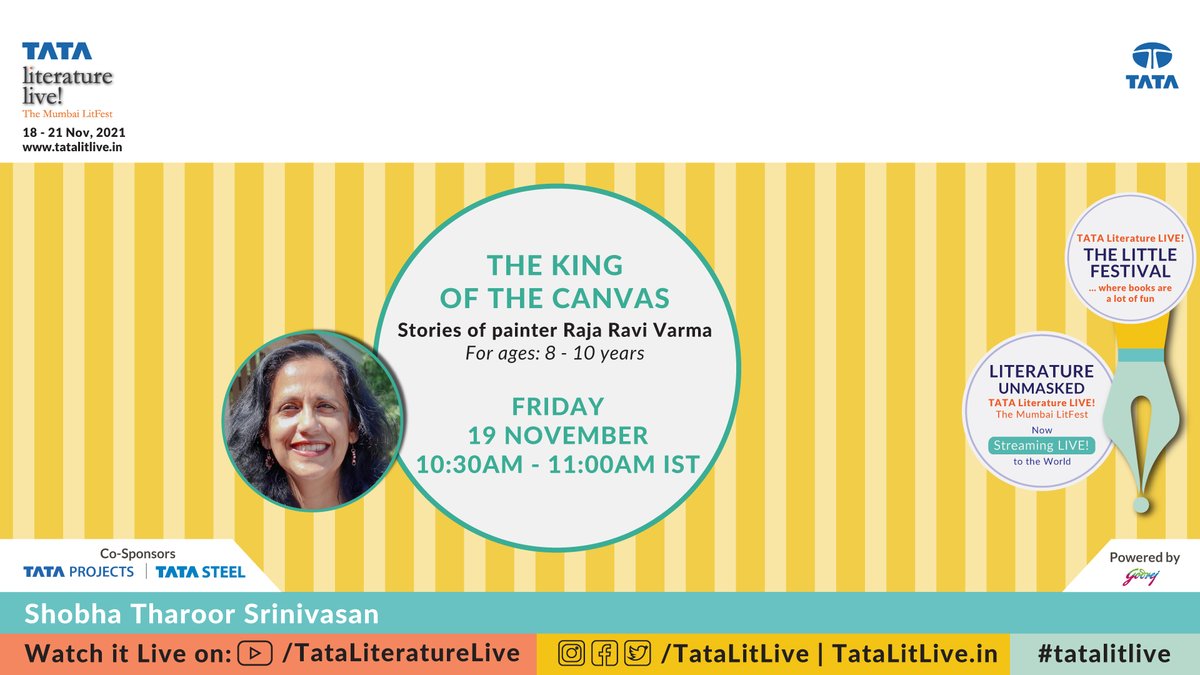 ShobhaTharoor's tweet photo. Thrilled to be part of the famed Mumbai lit fest: @tatalitlive. Join in friends. It's fun at literary festivals for young folks as well &amp; always for the young at heart.  This is a chance to learn about The Prince with a Paintbrush: Raja Ravi Varma. @vidhibhargava @BHAGATSHWETA27 https://t.co/Zqv8vteBYH