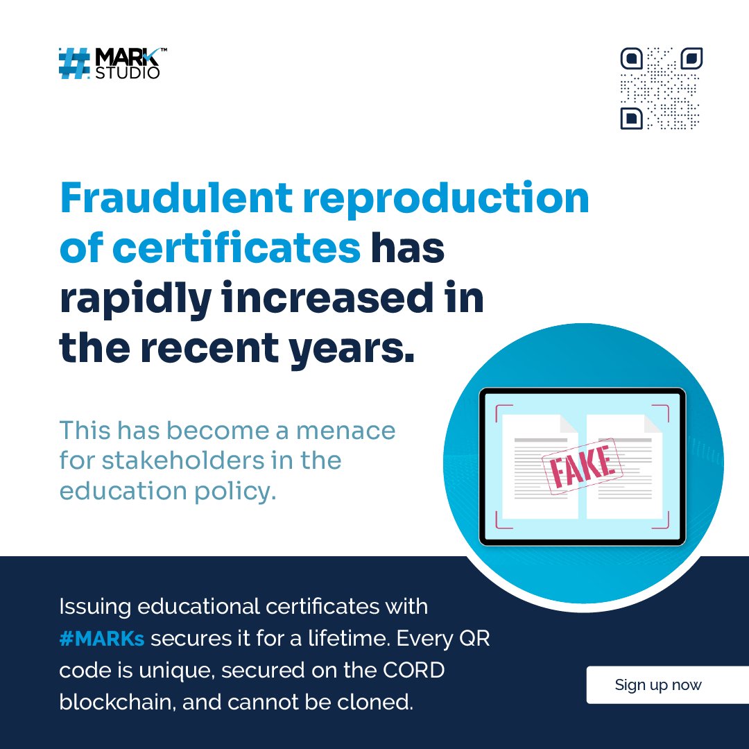 dhiwaynetworks's tweet photo. Using #MARKStudio, institutions can create and manage student credentials that are tamper-proof and instantly verifiable. Anchored on the CORD blockchain, #MARKs enabled credentials can be shared securely with anyone, anywhere!
Give it a spin here: https://t.co/Tfon7eVTAS
#qr https://t.co/k9GmvrlgEo