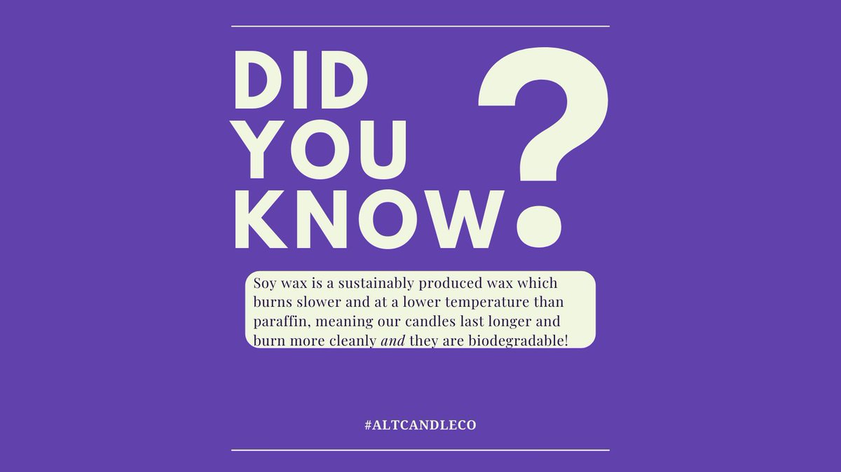 AltCandleCo's tweet photo. We work with soy wax for a reason - unlike paraffin it does not contain any nasties, it burns clean without fumes, it is biodegradable and sustainably produced and it burns lower and slower, meaning you get more hours out of your candle. 

https://t.co/J3xgRk5LKV https://t.co/bSP7QviGjT