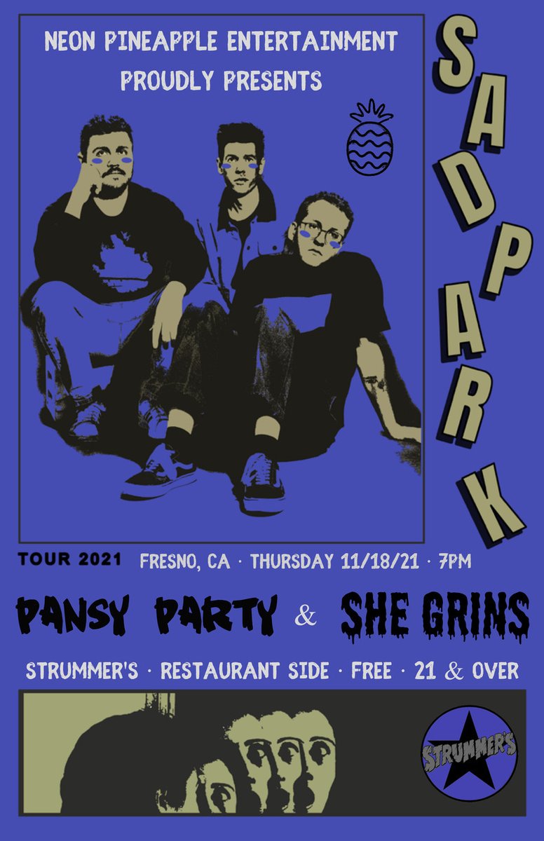 Alternative emo punk band <a href="/sadparkmusic/">SAD PARK</a> are playing Fresno tonight with Pansy Party and She Grins! 7pm - 9pm | 21+ only | FREE SHOW
<a href="/_NeonPineapple_/">Neon Pineapple Entertainment</a> #strummers #fresno