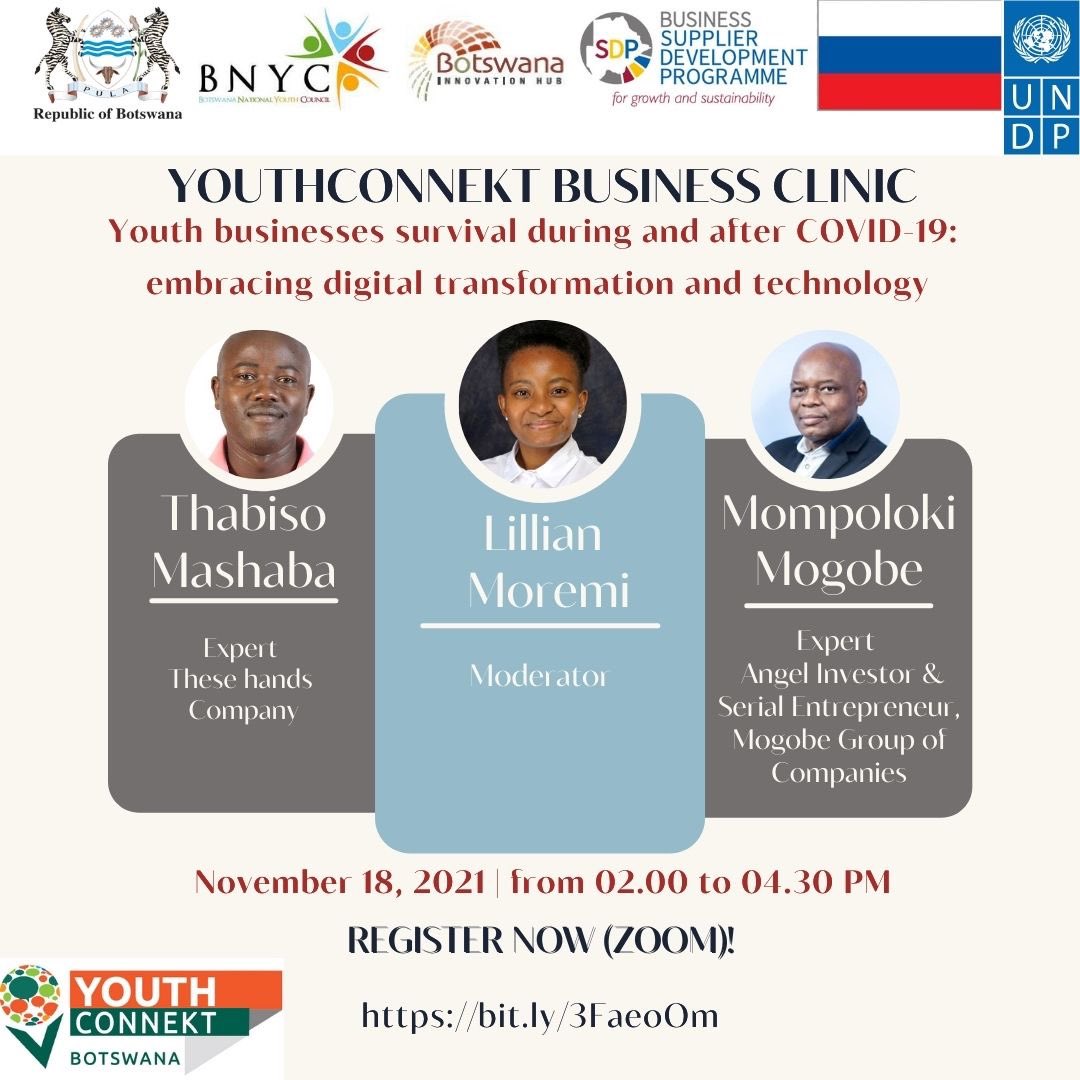 careercoachbw's tweet photo. YouthConnekt Business Clinic

Invitation to the Virtual Youth Business and Leadership Clinic

“Youth businesses survival during and after COVID-19: embracing digital transformation and technology”

Please register via this link: https://t.co/Cy7NOHmsfP https://t.co/dpmbaviBSC