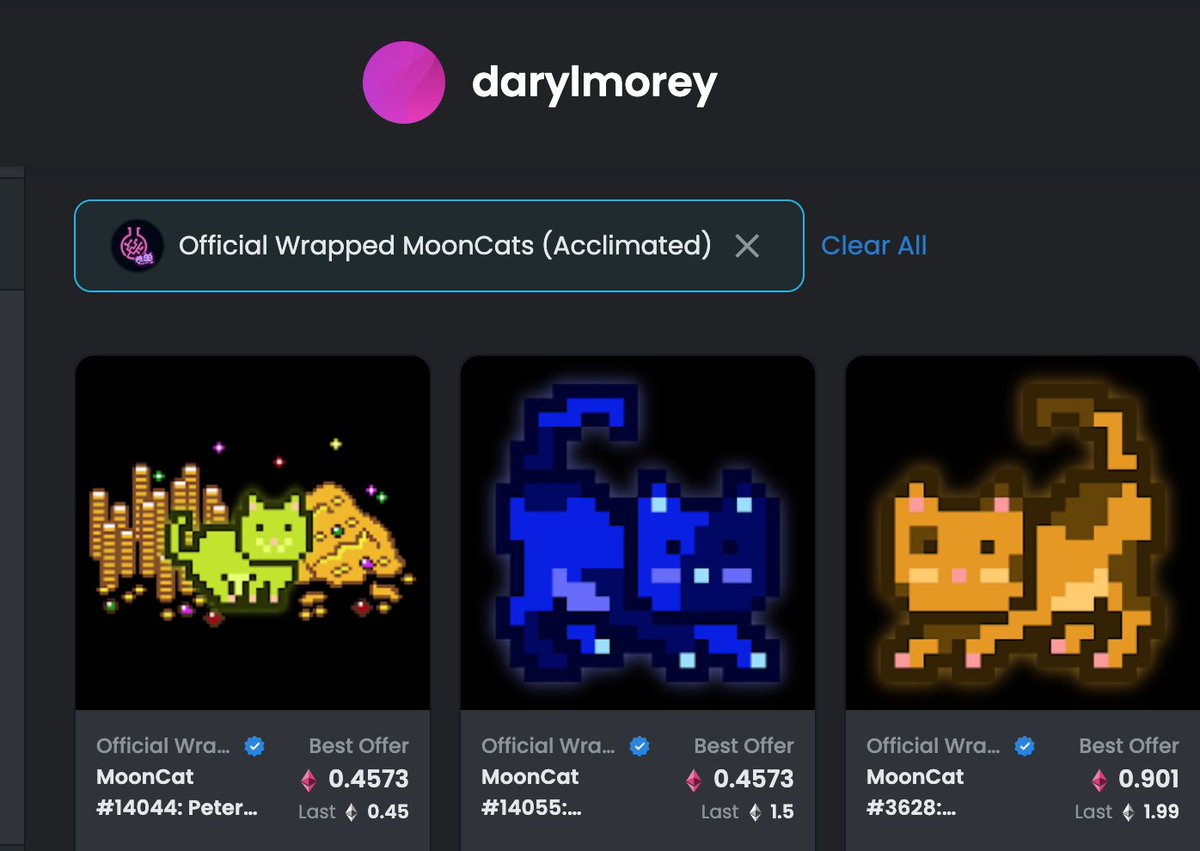 Jakegallen's tweet photo. Today I discovered @dmorey owns some MoonCats. Also has a freaking war chest of historic NFTs jeeeesh https://t.co/Q1FXZxJPjn