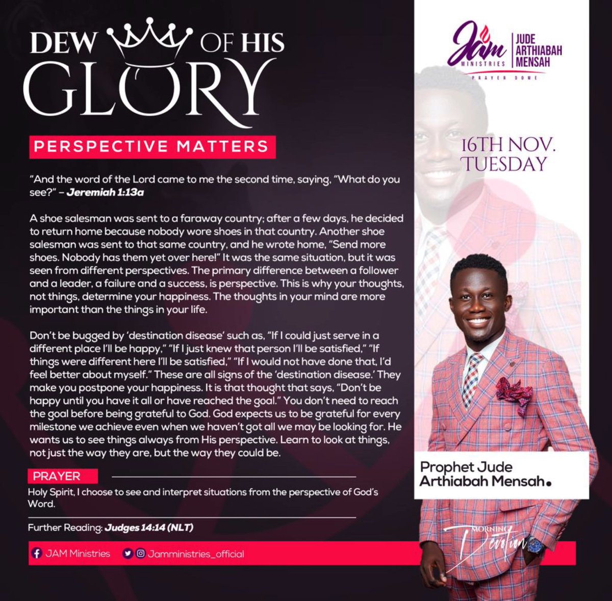 Jamministries1's tweet photo. Dew Of His Glory
Tuesday 16th November
Topic: Perspective matters.
#JamMinistries https://t.co/BcNzRKBG0C