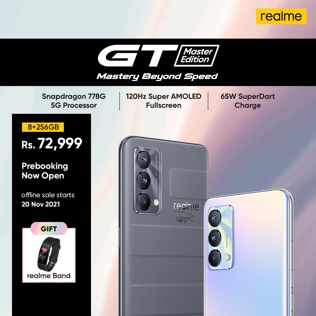 pakistan_realme's tweet photo. Here we are with the great news! The offline pre-orders for the all-new 8GB+256GB version of #realmeGTMasterEdition is now open. You can pre-order now for Rs. 72,999 only and get free #realmeBand. Available from 20th November in the markets all over Pakistan #real5GFlagshipKiller https://t.co/YzdVakS3Rb