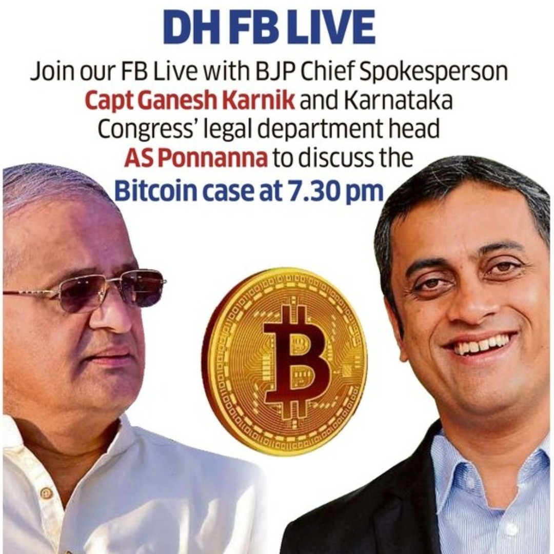 DeccanHerald's tweet photo. Join our FB Live with BJP Chief Spokesperson @GaneshKarnik and Karnataka Congress' legal department head @ASPonnanna as they discuss the #Bitcoin case at 7.30 pm.
#KarnatakaBitcoinScam https://t.co/3YTUmvw0x6