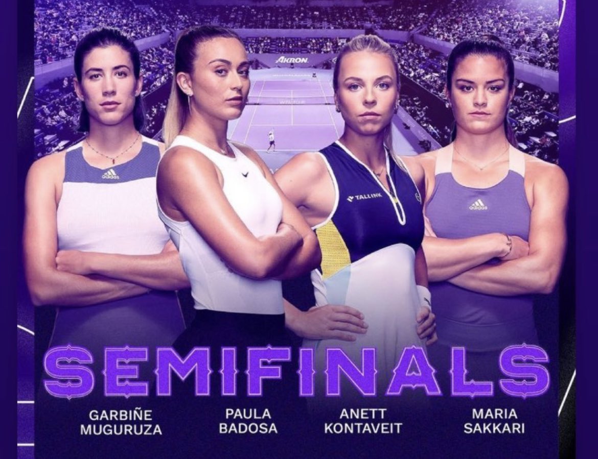 fermurciego's tweet photo. #WTAFinals | Semifinales 🚺

🇪🇸 Garbiñe Muguruza (#5)
🇪🇸 Paula Badosa (#10) 

🇪🇪 Anett Kontaveit (#8)
🇬🇷 Maria Sakkari (#6)

📝 Nunca una española, estonia o griega se coronó ‘maestra’. La historia está servida https://t.co/v0SmOwzryy