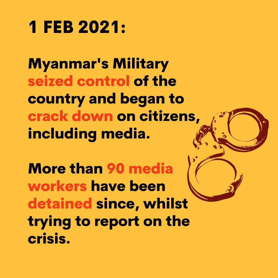 parmouk's tweet photo. #MyanmarMilitaryTerrorists Council (SAC) seized control of the country and began to crack down on citizens, including #PressFreedom. Since Feb 1 Coup, more than 90 media workers have been detained.  #JournalismIsNotACrime #WhatsHappeningInMyanmar https://t.co/32sTB08Dp7