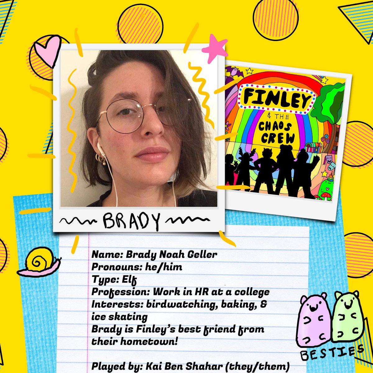 FinleyChaosCrew's tweet photo. It's time for our first cast promo! We're so excited to announce Kai Ben Shahar (@kai_ktus, they/them) will be playing Finley's best friend from their hometown, Brady Geller! Brady (he/him) is an elf who likes birdwatching, baking, &amp; ice skating. Welcome to the cast, Kai! https://t.co/iCu3fQUH8d
