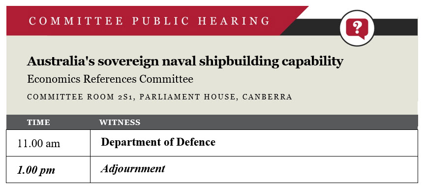 The Department of Defence is appearing before the Economics References Committee today for its inquiry into Australia's sovereign naval shipbuilding capability

Live: bit.ly/LiveParl
More information: bit.ly/31HSOhU